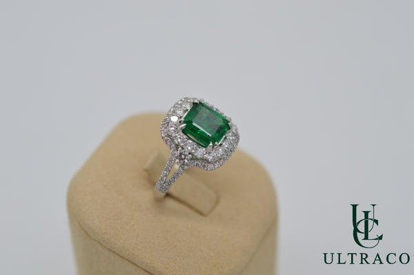 Panshir Emerald With Diamonds Set In 18K White Gold Ring