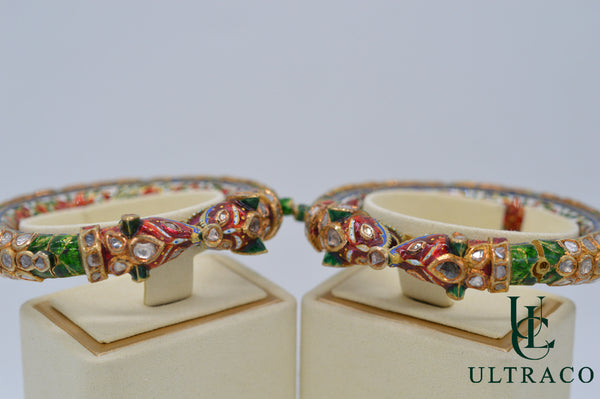 Antique Dragon Bangle Set With Polki Diamonds & Red,Green,White Enamel Set Of 2