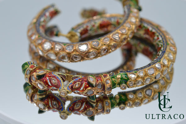 Antique Dragon Bangle Set With Polki Diamonds & Red,Green,White Enamel Set Of 2